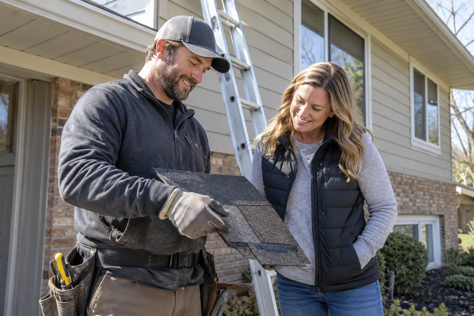 Roofing provider and homeowner reviewing a shingle sample in the Gaithersburg area