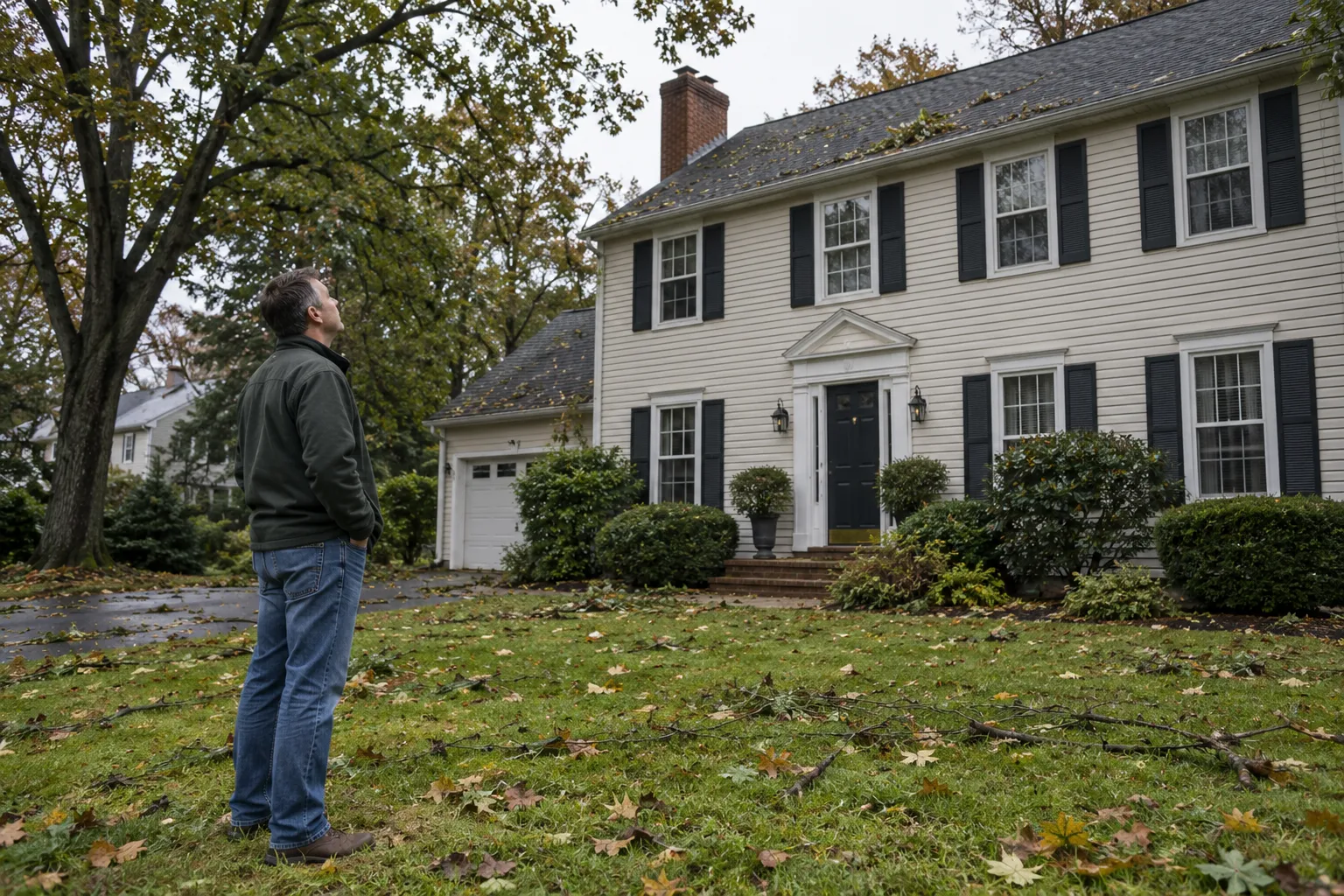 Homeowner looking up at the roofline of a colonial house in Gaithersburg after a storm