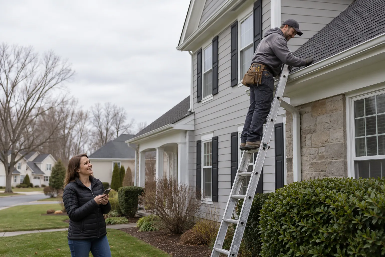 A local roofing provider inspecting shingles on a home in Gaithersburg while a homeowner watches from the yard