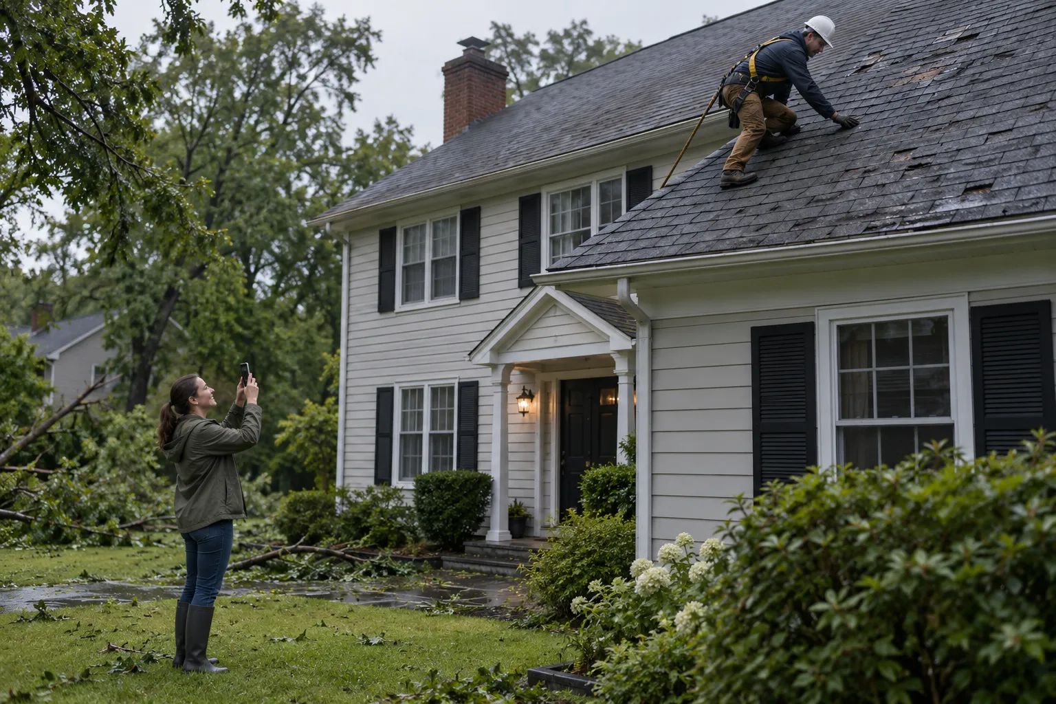 Local roofing provider inspecting hail-dented shingles on a home in Gaithersburg after a storm